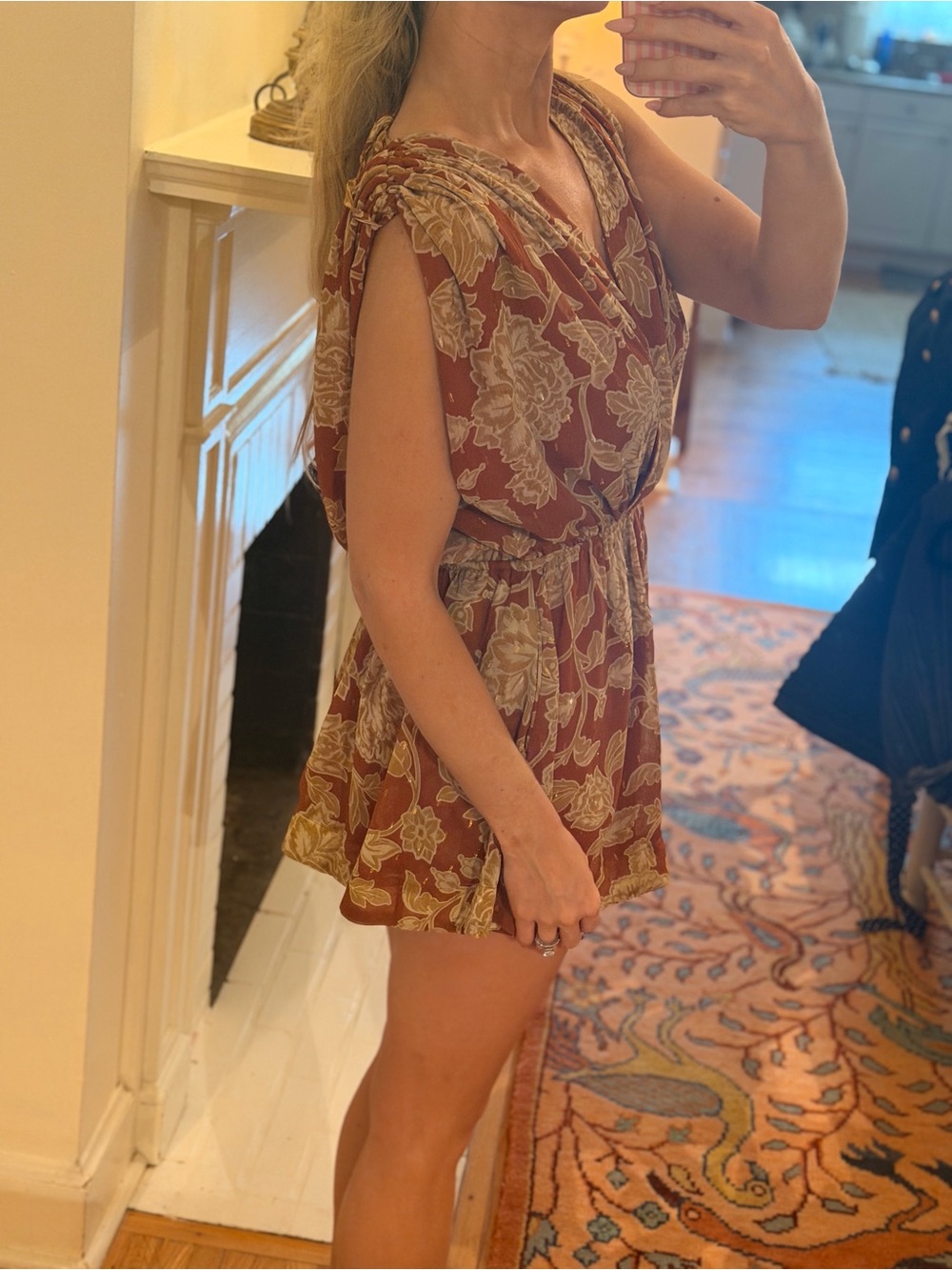Floral V-Neck Rust and Cream Short Dress